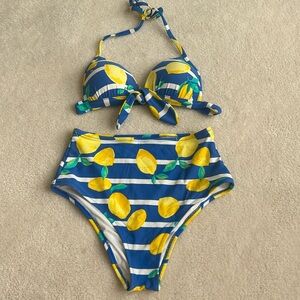 Aerie Lemon Bikini, Blue/White and Yellow, Size S